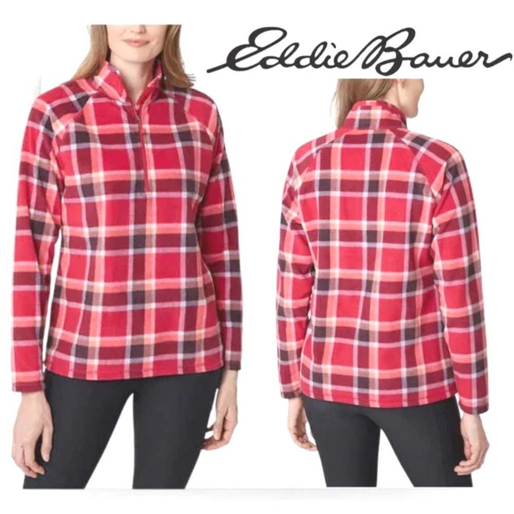 NWT Eddie Bauer Women's Plaid Fleece 1/4 Zip Pullover Top, Medium,‎ Berry Color